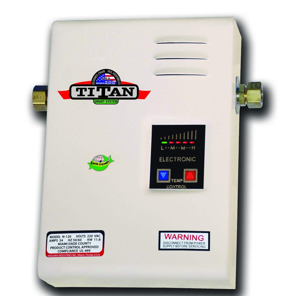 Titan N-120 Electric Tankless Water Heater front view showing a compact, efficient design for space-saving homes.