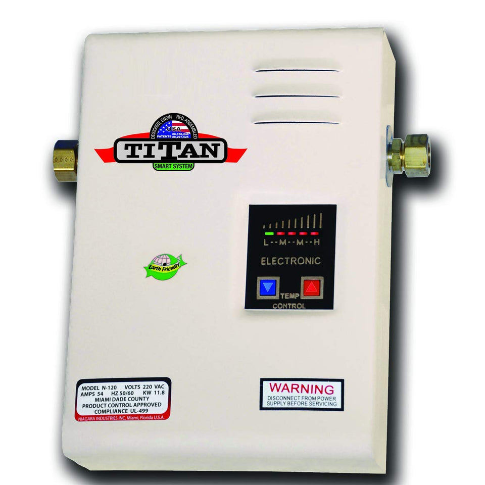 Titan N-120 Electric Tankless Water Heater front view showing a compact, efficient design for space-saving homes.