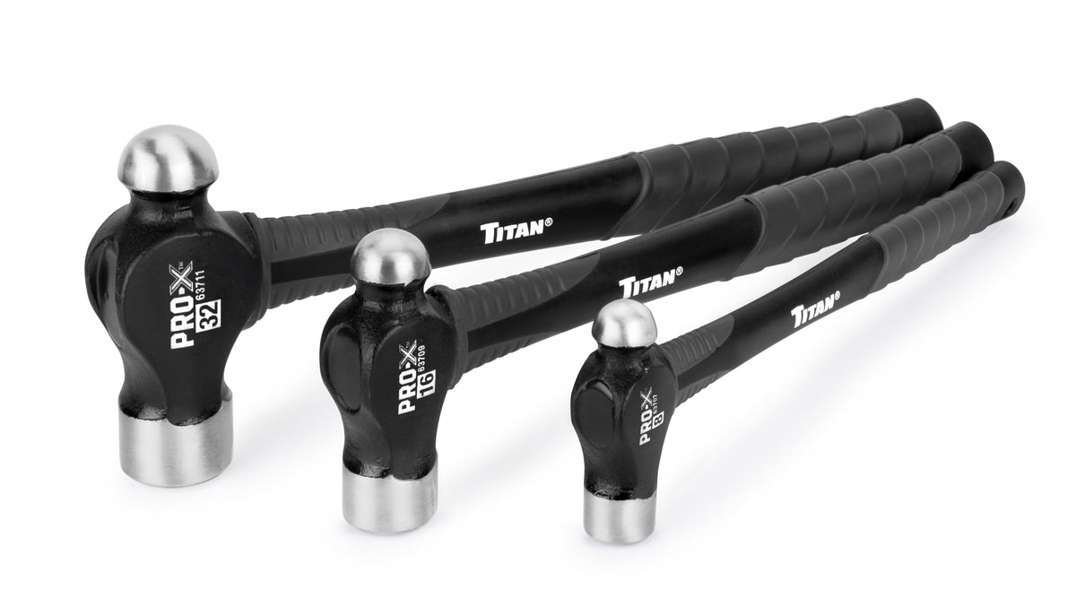 Titan Pro-X 8oz ball peen hammer front view for precise rivet setting.