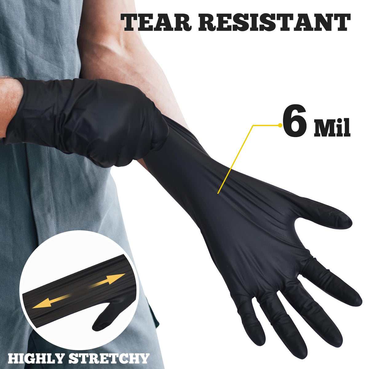 TitanFlex black nitrile gloves on hand showing snug, secure fit