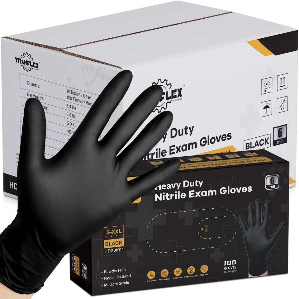 TitanFlex black disposable nitrile gloves pack shot, ideal for heavy-duty protection and everyday tasks.