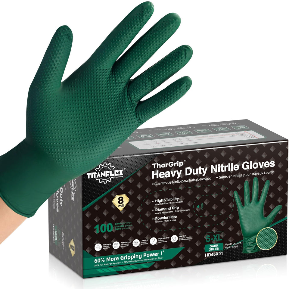 TitanFlex heavy-duty 8-mil nitrile gloves in front view, durable protection for tough tasks