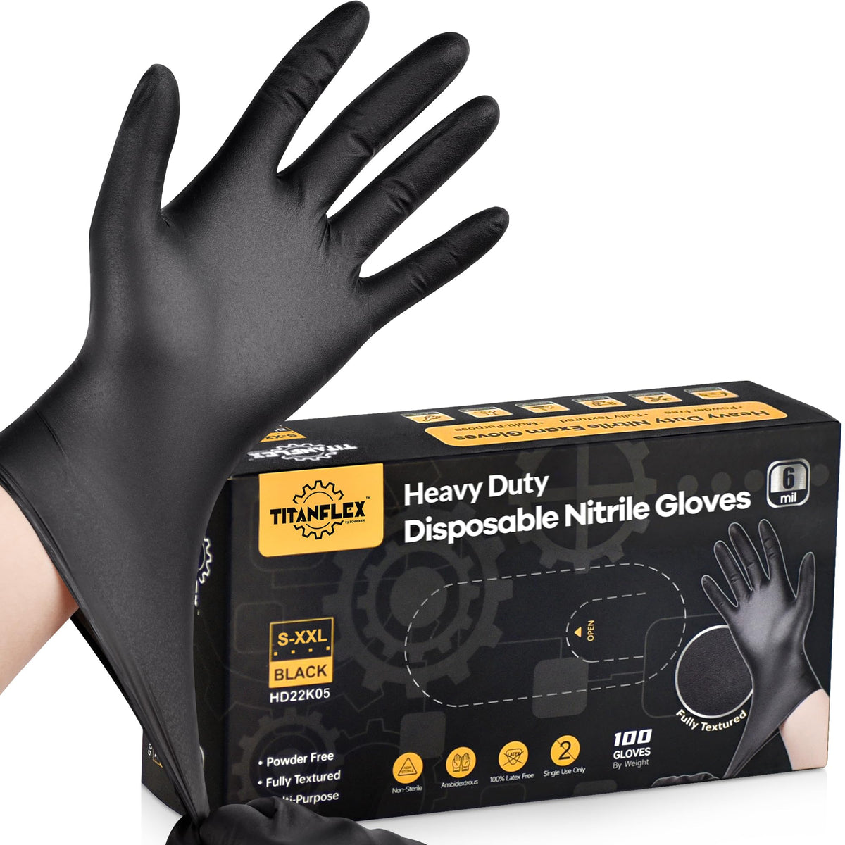 TitanFlex heavy-duty black nitrile gloves pack-shot emphasizing durability for tough tasks.