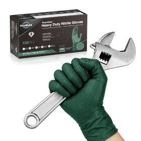 TitanFlex heavy-duty nitrile gloves with dark green palms offer reliable chemical resistance for tough work.