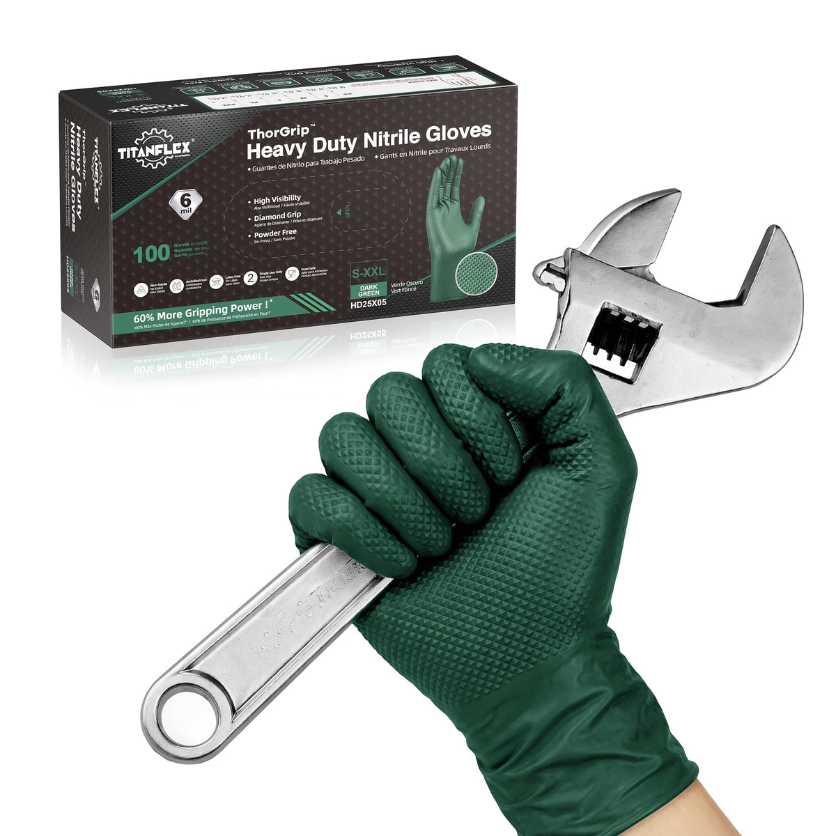 TitanFlex heavy-duty nitrile glove in dark green showing 6 mil thickness for strong protection
