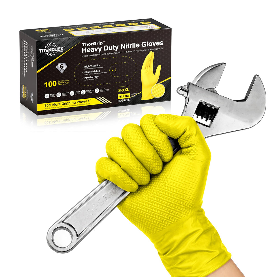 TitanFlex heavy-duty nitrile gloves with yellow diamond texture on palm for secure grip
