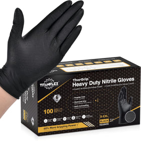 TitanFlex heavy-duty black nitrile gloves with rolled cuffs for durable protection during tough tasks.