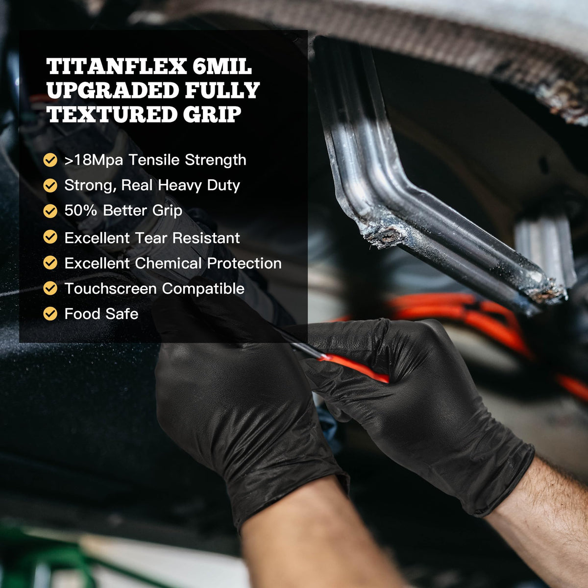 TitanFlex kitchen-ready nitrile gloves for food prep, powder-free and black.