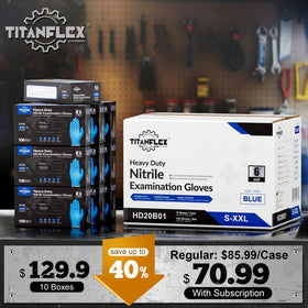 TitanFlex nitrile gloves in a 1000-count case for bulk tasks.