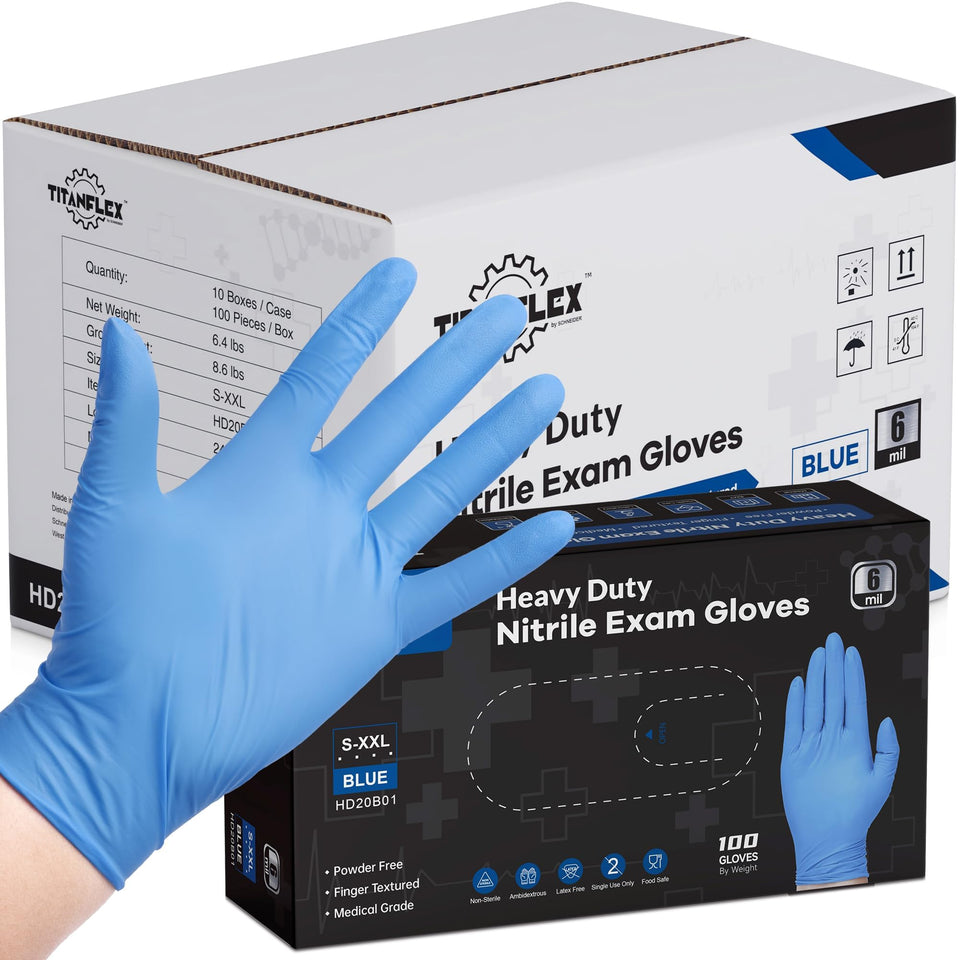 TitanFlex nitrile gloves with blue dispenser box for quick, clean, heavy-duty use.
