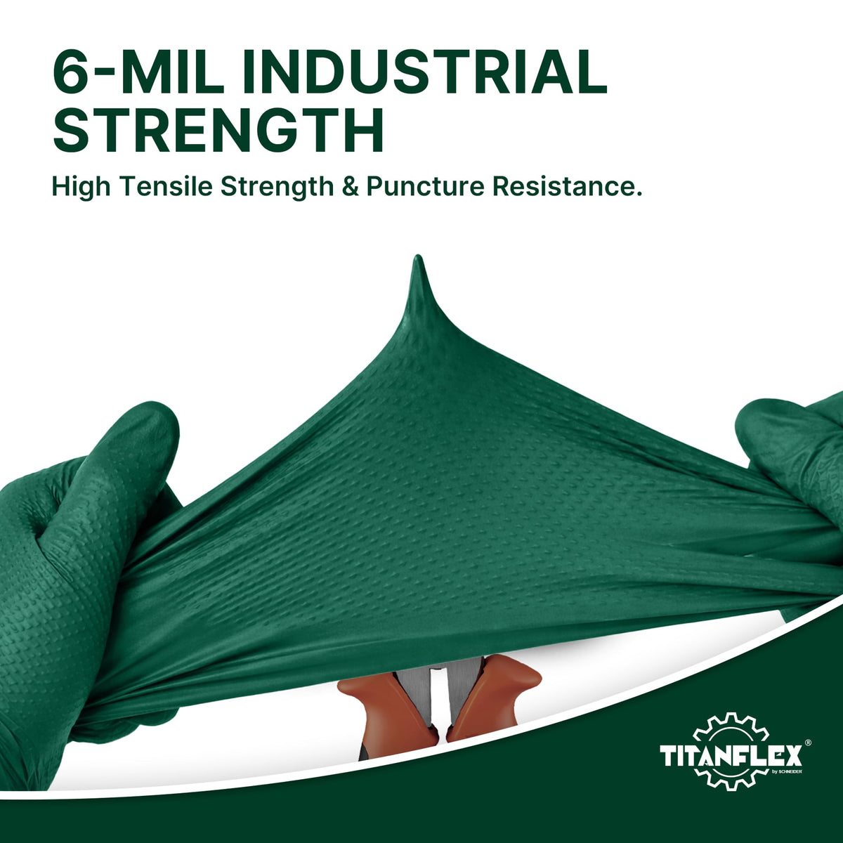 TitanFlex nitrile gloves in dark green with textured fingers and palms for better dexterity