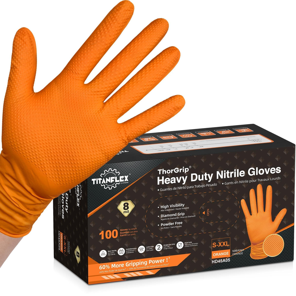TitanFlex orange nitrile gloves with textured diamond grip for greasy tasks