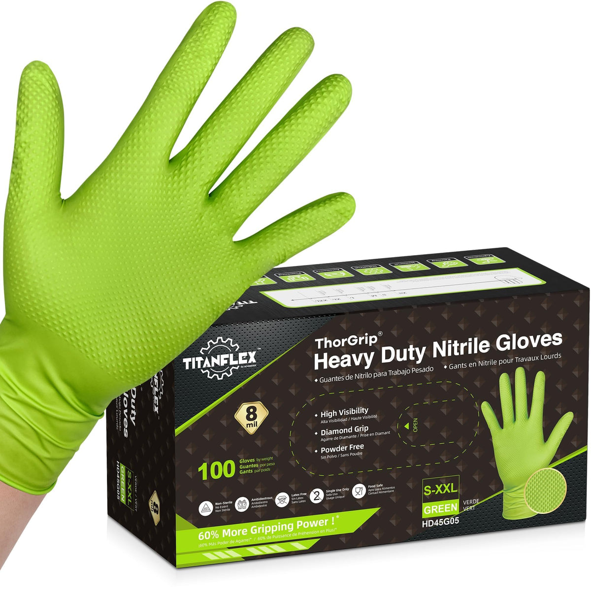 TitanFlex green nitrile gloves 8mil with close-up green color for enhanced visibility in work environments.