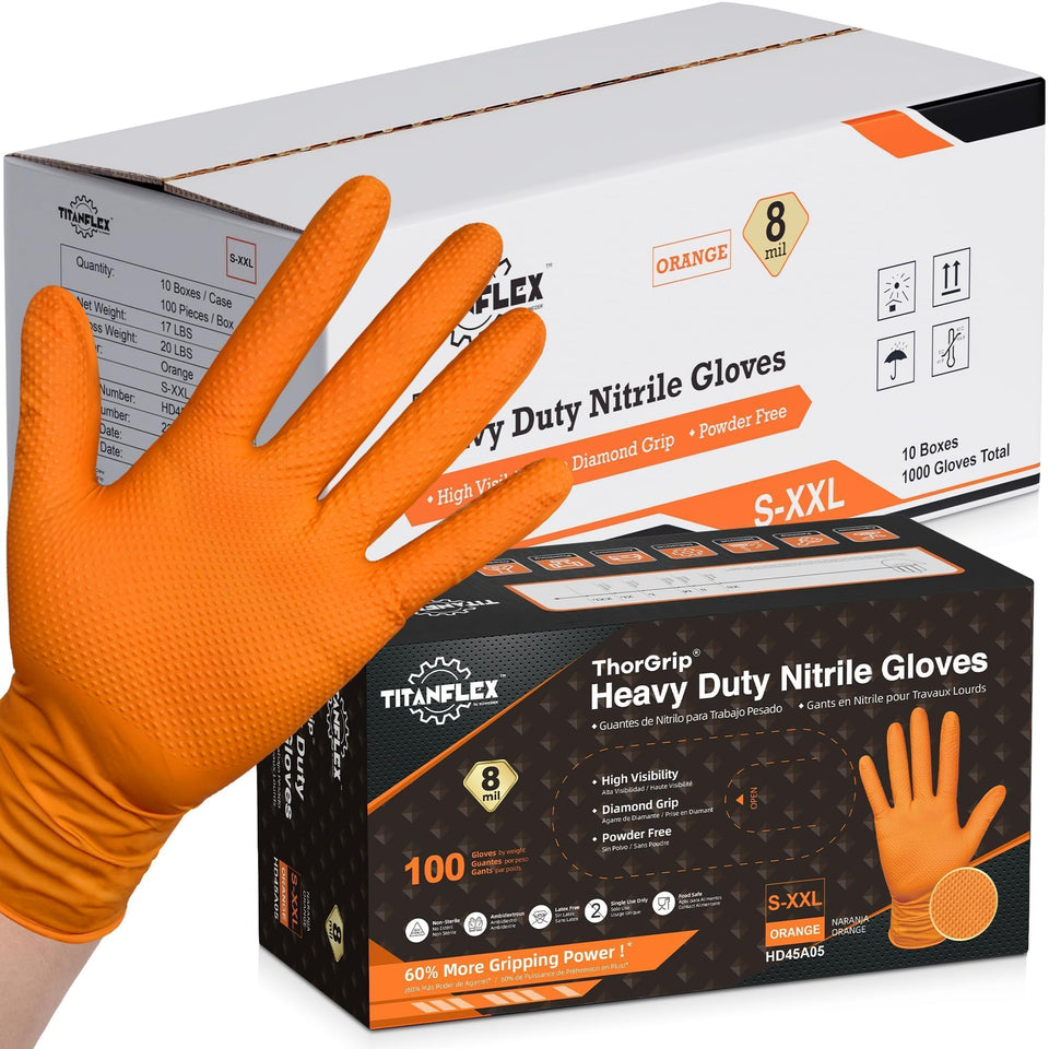 TitanFlex heavy-duty orange nitrile gloves with strong grip for tough jobs.