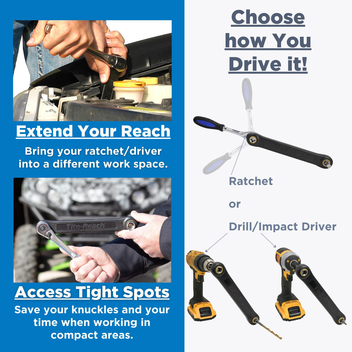 TITE-REACH ultrasonic welded housing protects internal components during garage jobs.