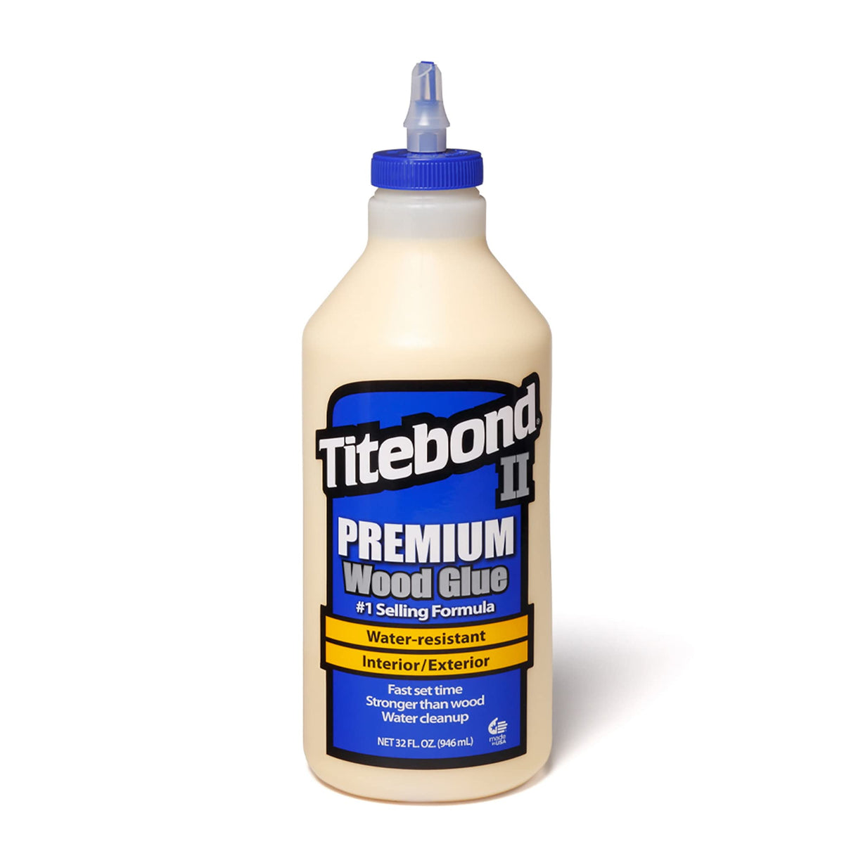 Titebond II Premium Wood Glue bottle demonstrates exterior-grade bonding for outdoor projects.