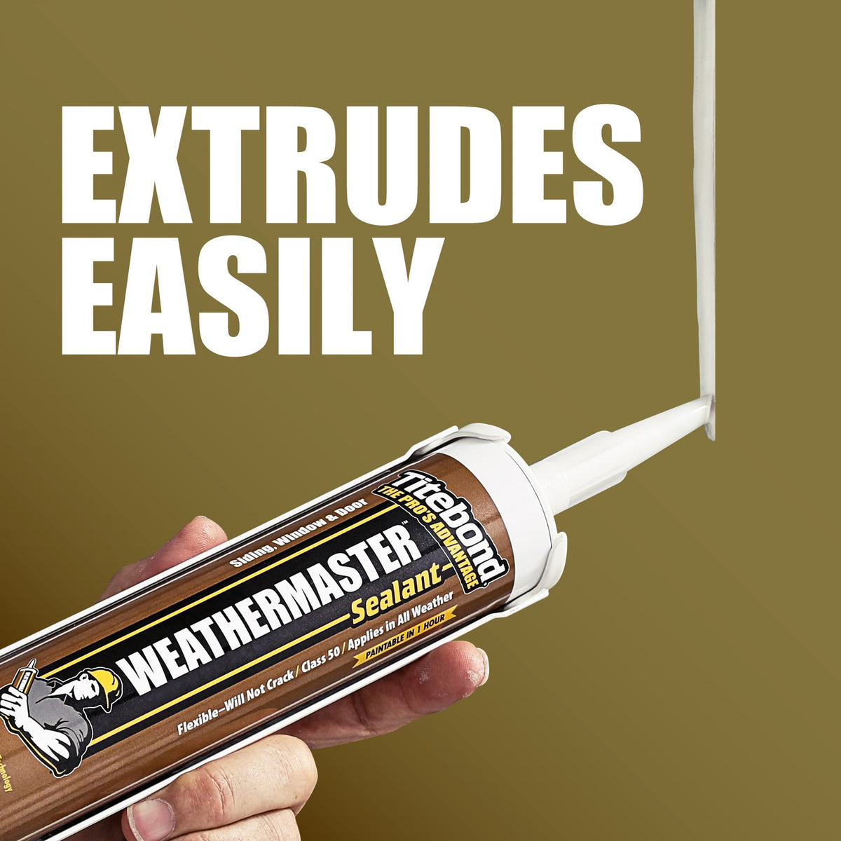 Titebond WeatherMaster sealant being applied around a window frame for durable joints.