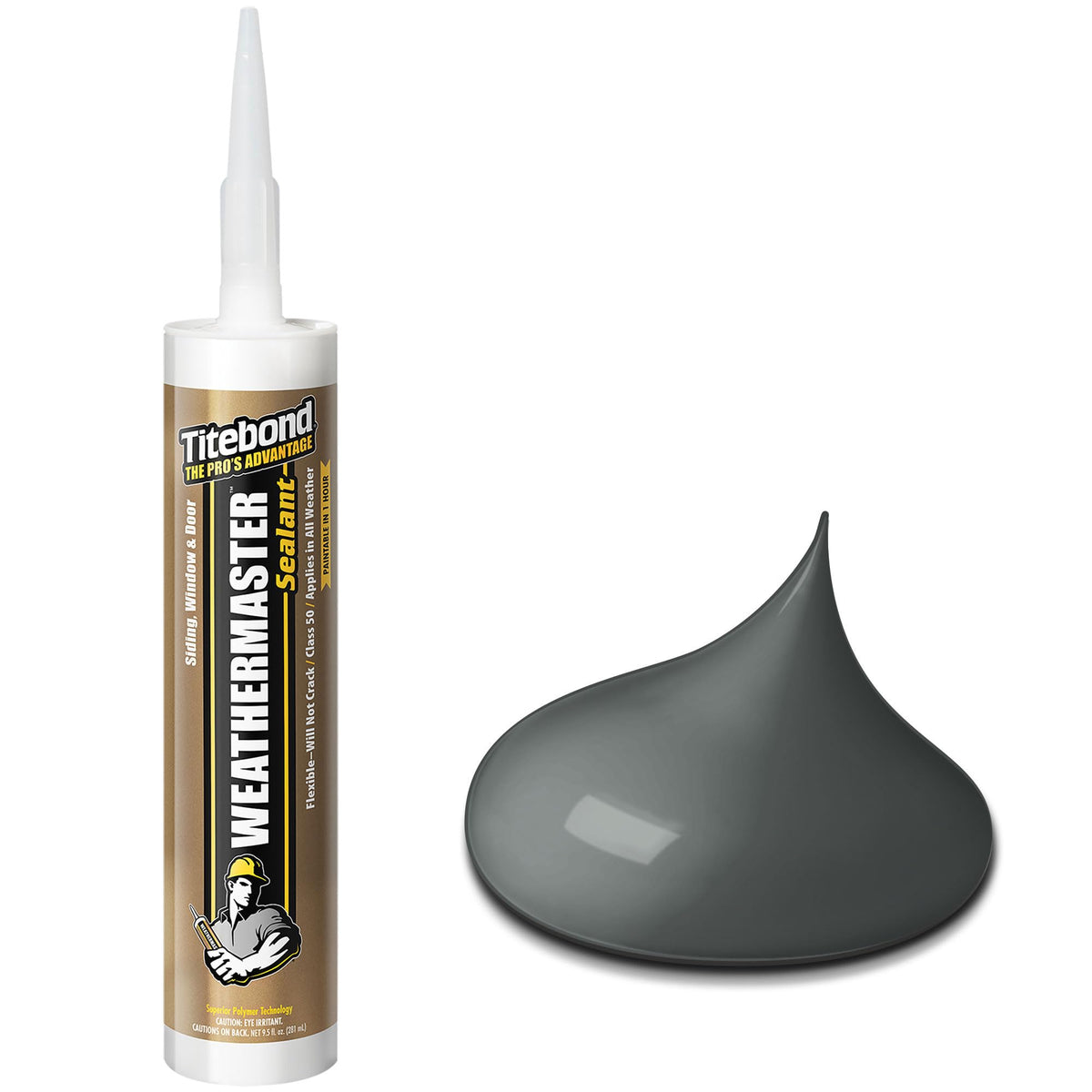 Titebond WeatherMaster sealant cartridge in gray for exterior sealing around windows and doors.