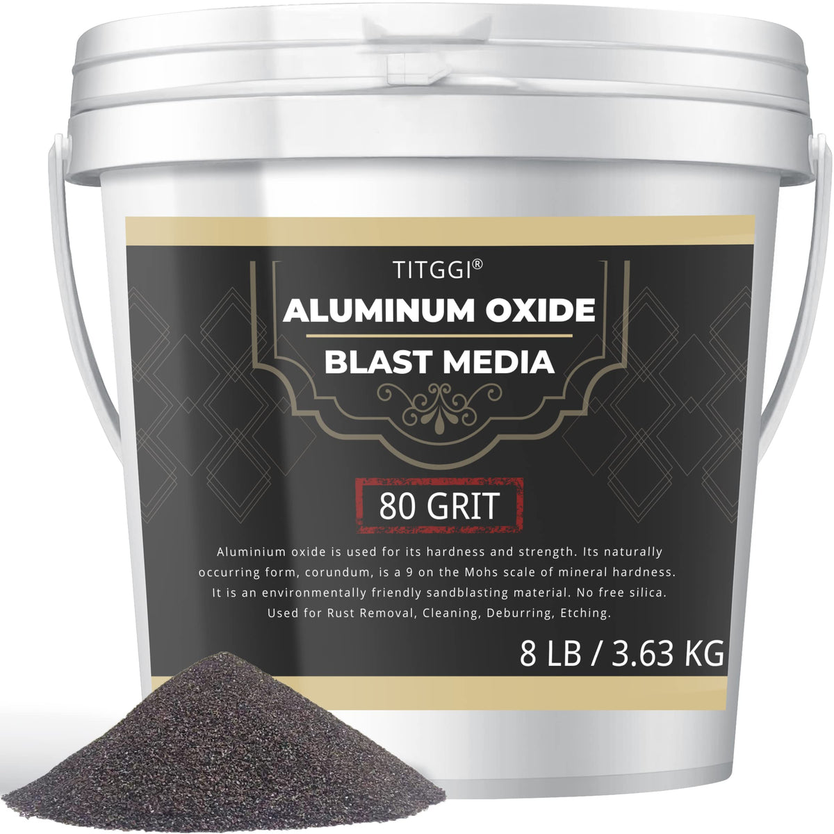TITGGI 80-grit aluminum oxide blast media in a bucket for rust removal.