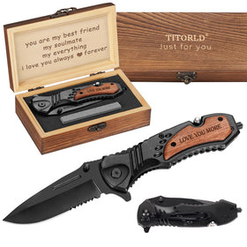 Titorld engraved pocket knife with wooden handle for personalized gifts