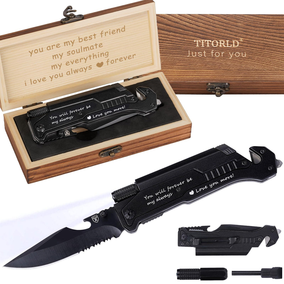 Titorld engraved pocket knife, a personalized gift for him with durable steel.