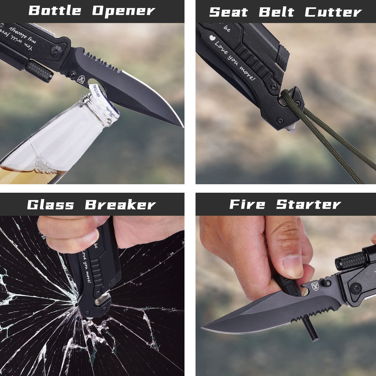 Titorld fire-starter tool helps start a campfire when needed.