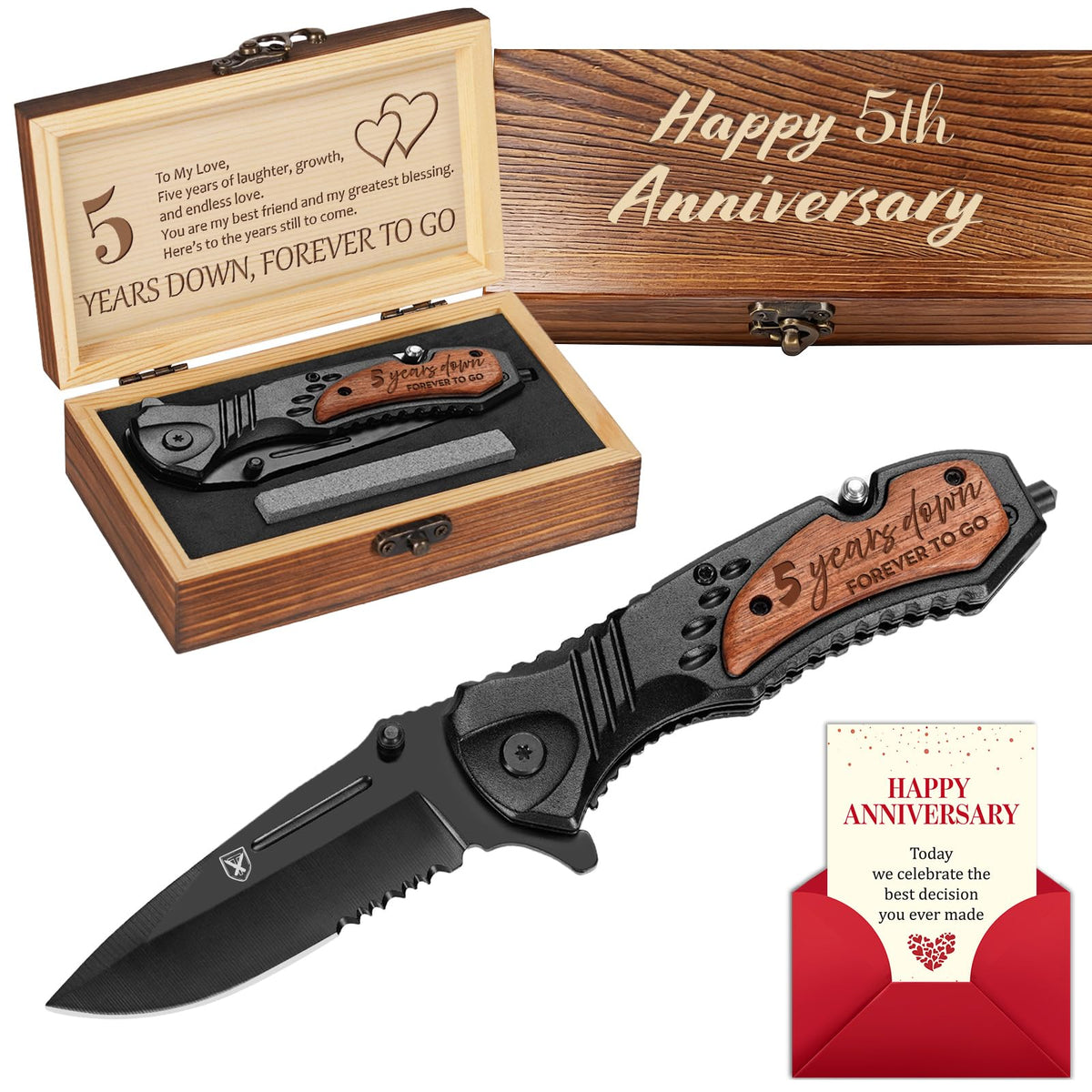 Titorld five-year anniversary knife with engraved wooden handle for keepsake.