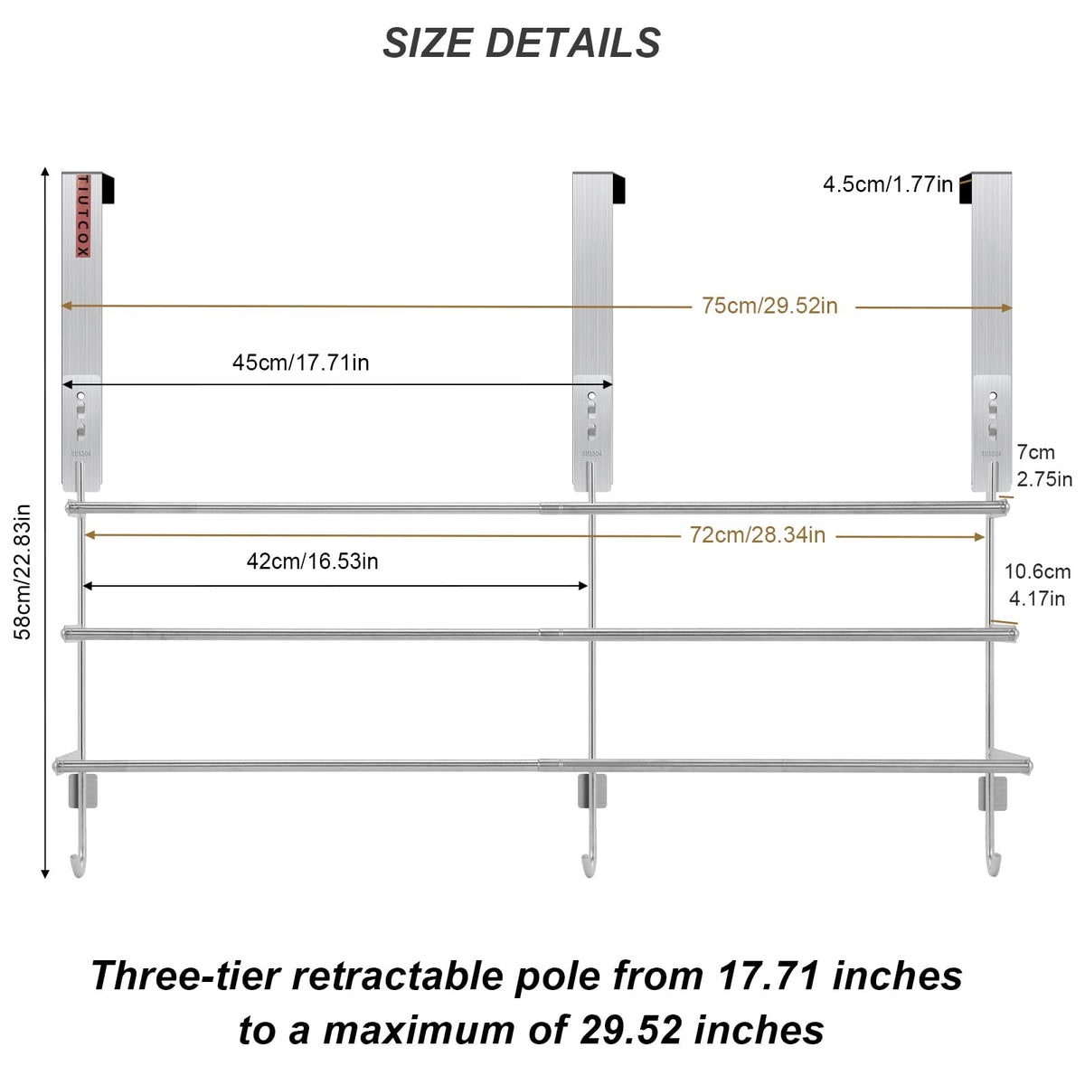 TIUTCOX retractable pole extends from 17.71 to 29.52 inches