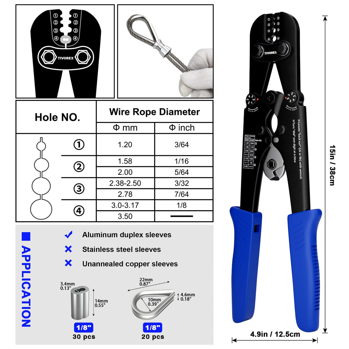 Tivorex crimping positions 3/64-1/8 inch for aluminum sleeves