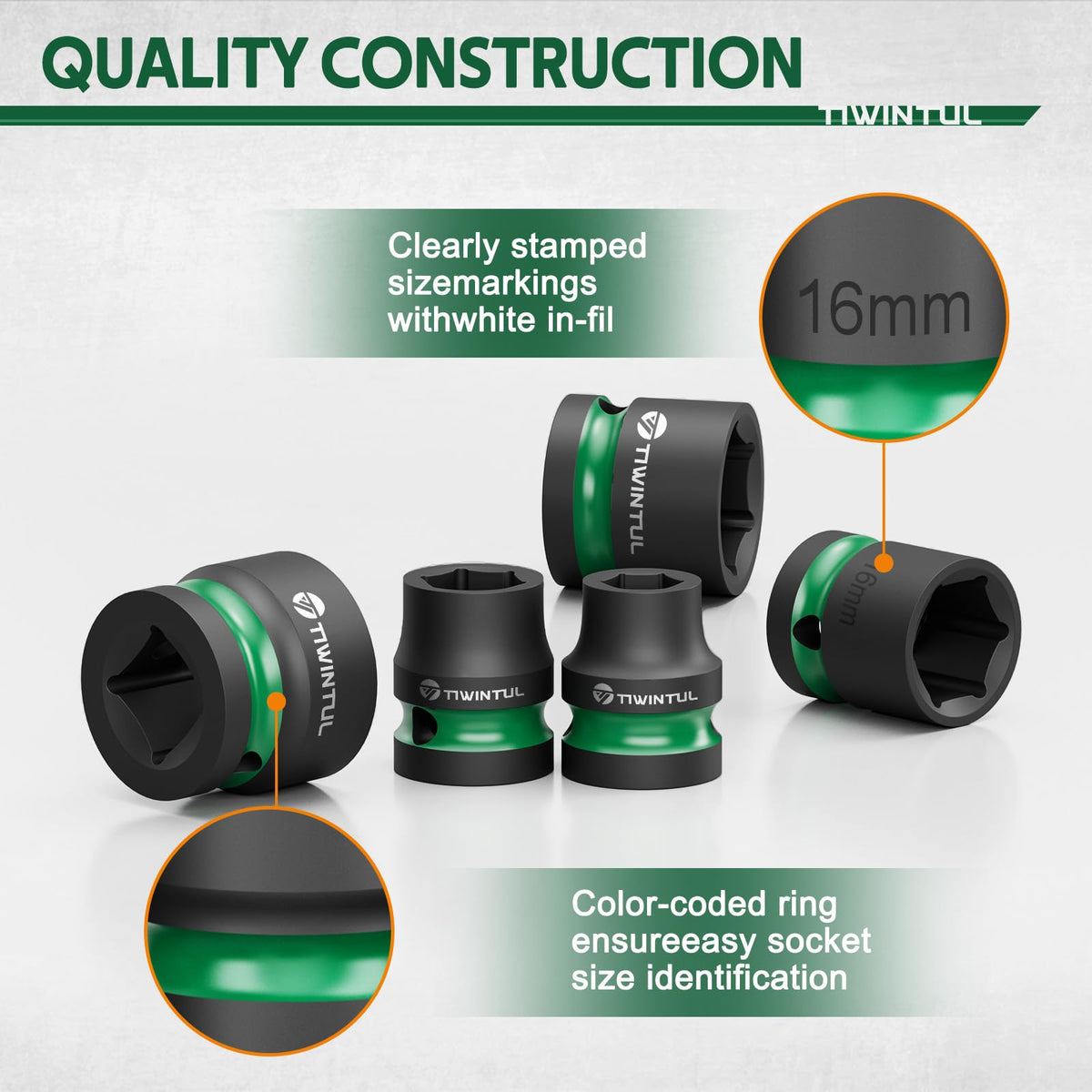 TIWINTUL sockets feature stamped ink-filled size markings for quick identification