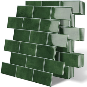 Tiwoos thick green peel-and-stick backsplash close-up showing 3D brick texture for a premium look.