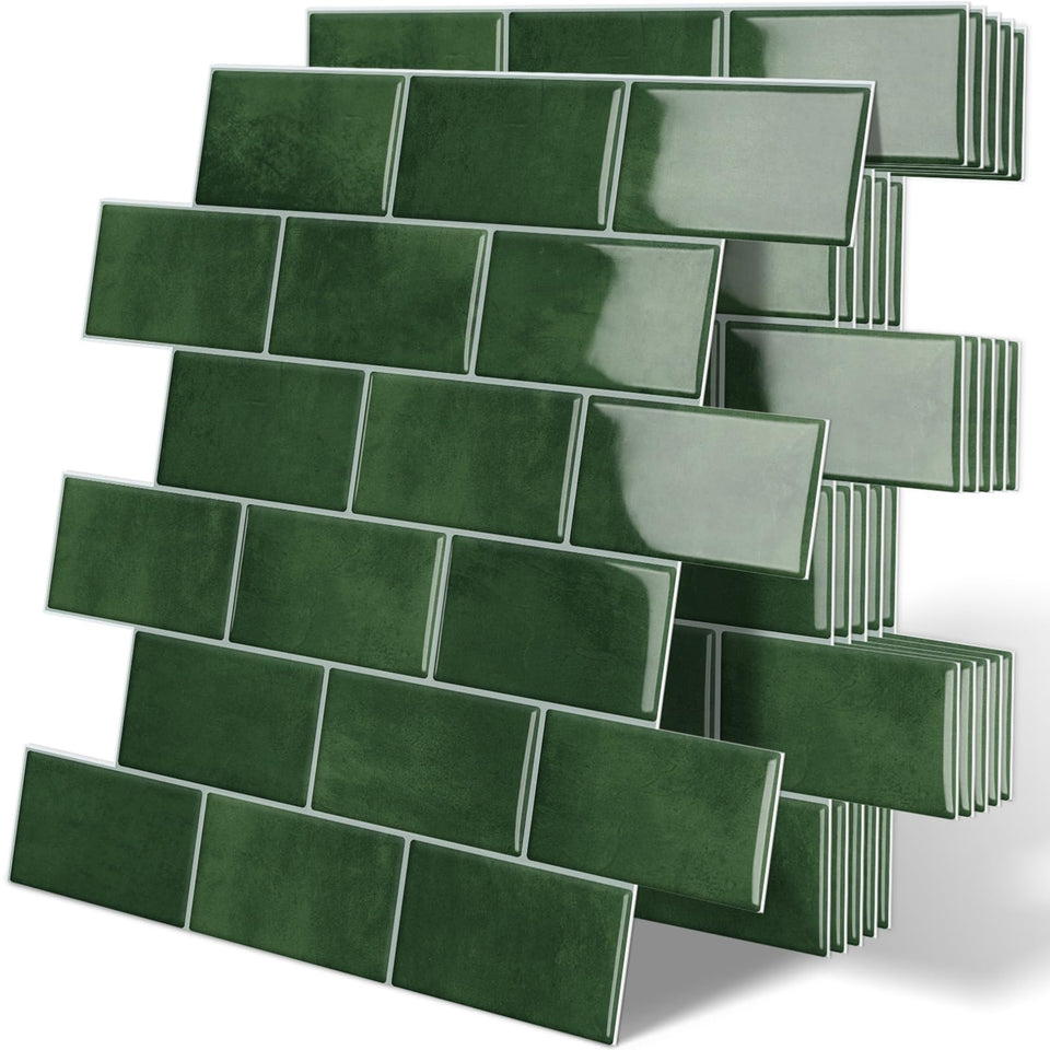 Tiwoos thick green peel-and-stick backsplash close-up showing 3D brick texture for a premium look.