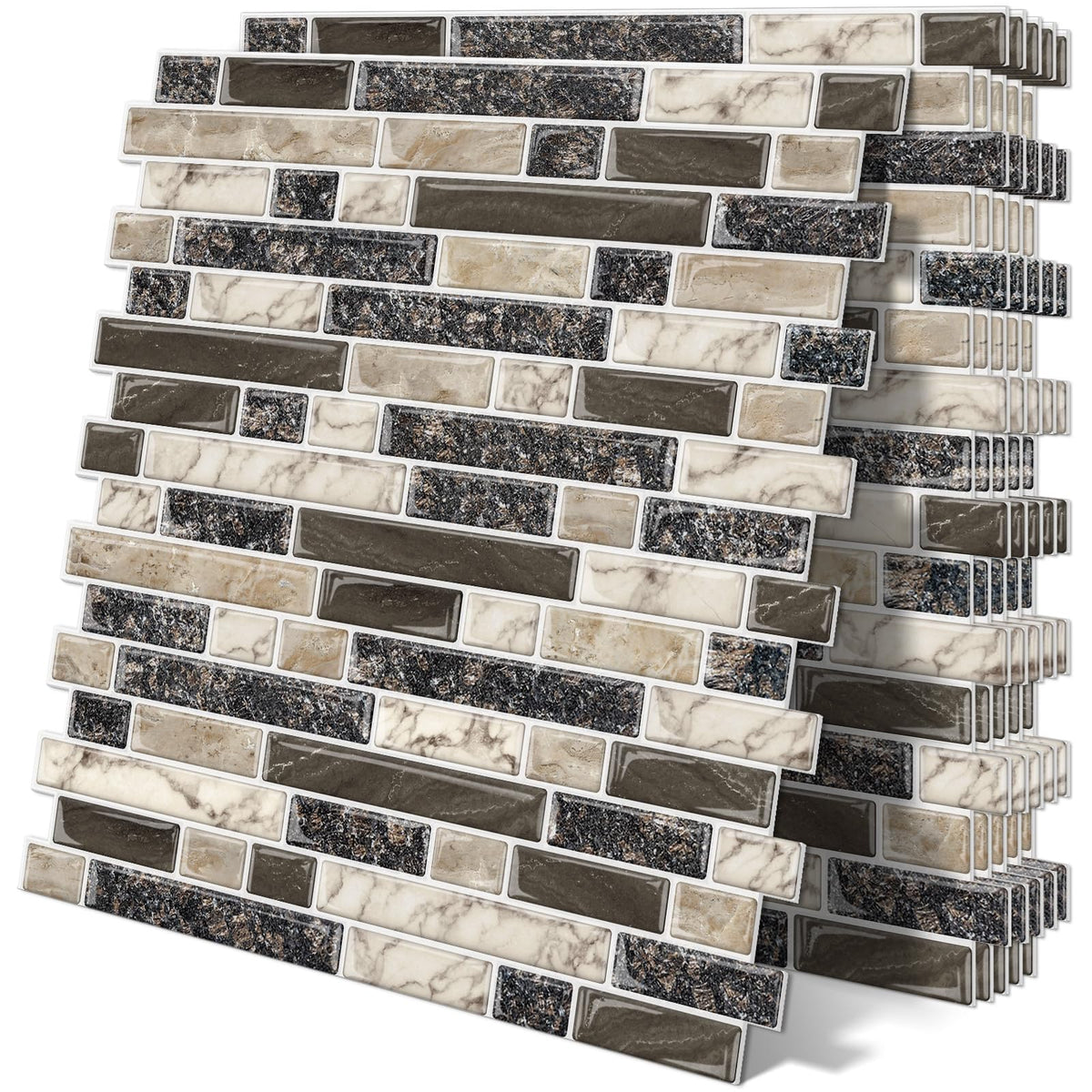 Tiwoos thick peel-and-stick backsplash tile 12x12 with 3D brown marble look for easy installation.