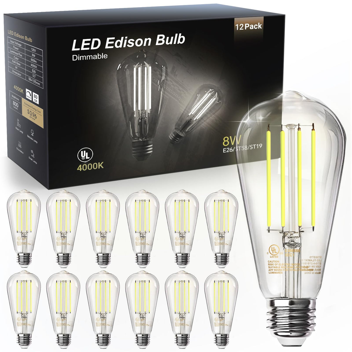TJOY 12-pack E26 vintage Edison bulbs front view for elegant ambient lighting