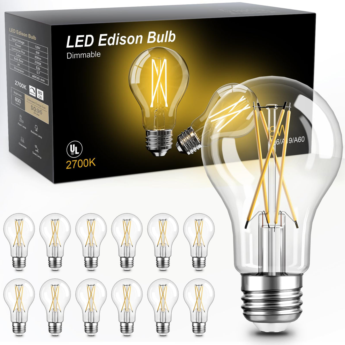 TJOY 12-pack Edison bulbs with glass filament for stylish living room lighting.