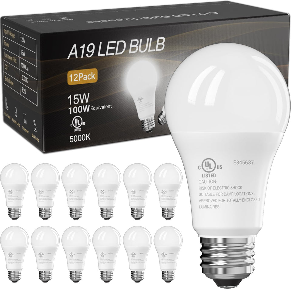 TJOY 12-pack LED bulbs showing 100W equivalent brightness for bright home lighting