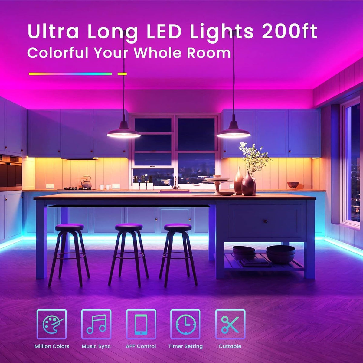 TJOY 200ft LED strip creates cozy bedroom ambience and mood lighting