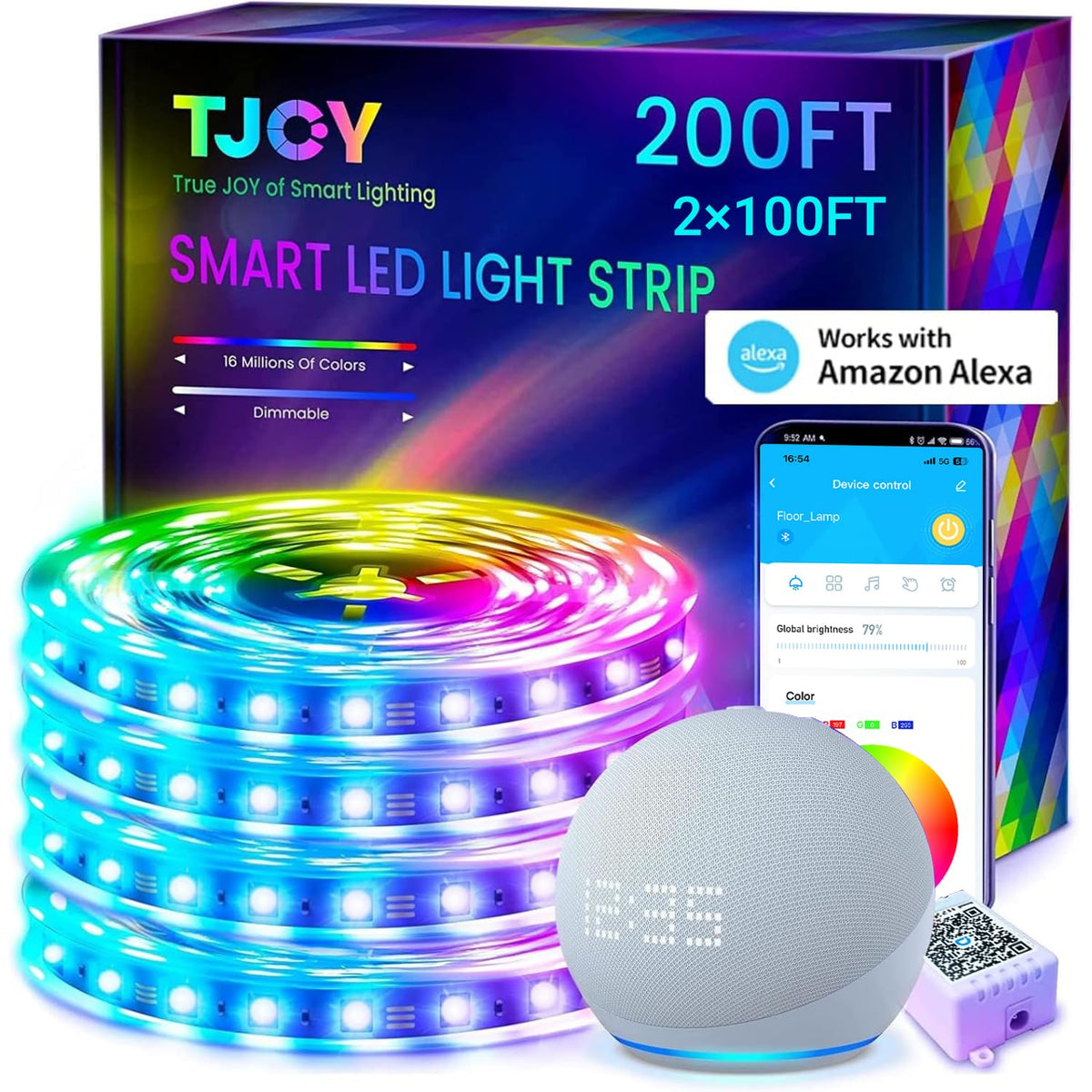 TJOY 200ft smart LED strip in a bedroom creates ambient lighting for relaxation.