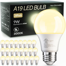 TJOY 24-pack A19 LED bulbs deliver warm 3000K ambient light for living spaces.