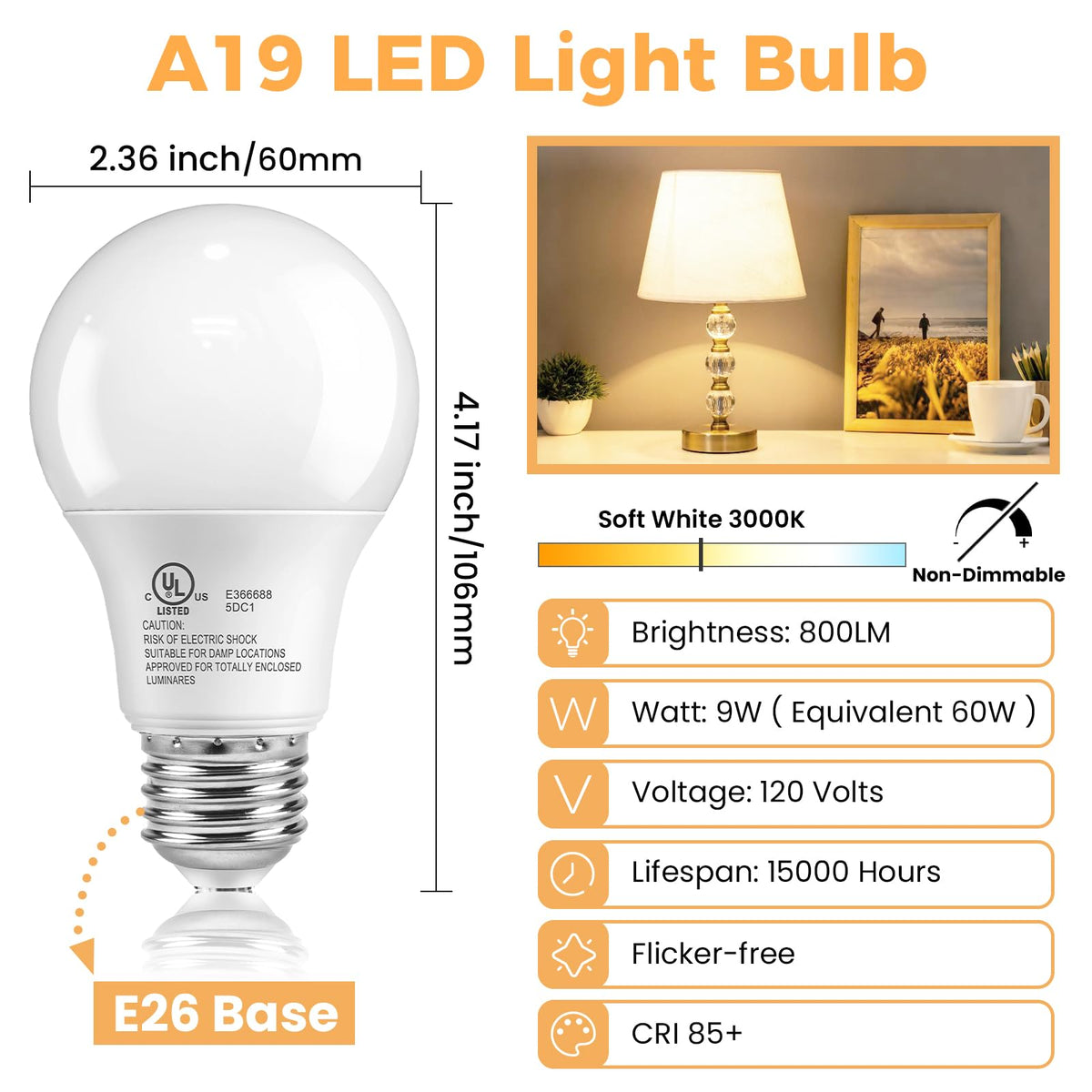 TJOY A19 bulbs bedroom scene, 3000K warmth for cozy ambience.