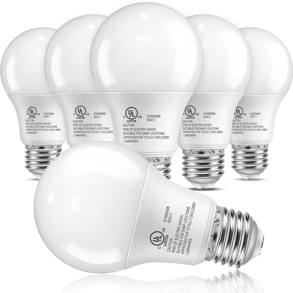 TJOY A19 LED bulbs six-pack, front view, bright and energy-efficient lighting.