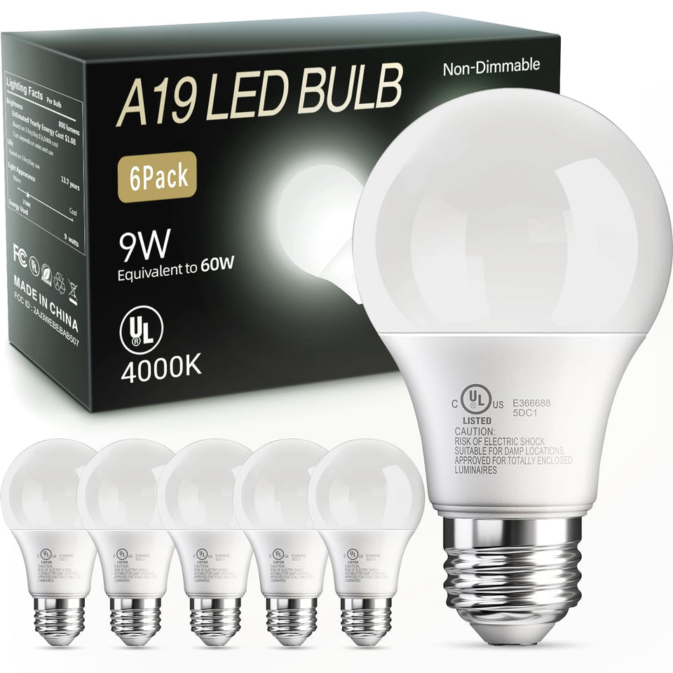 TJOY A19 six-pack front view with energy-efficient 9W bulbs replacing 60W