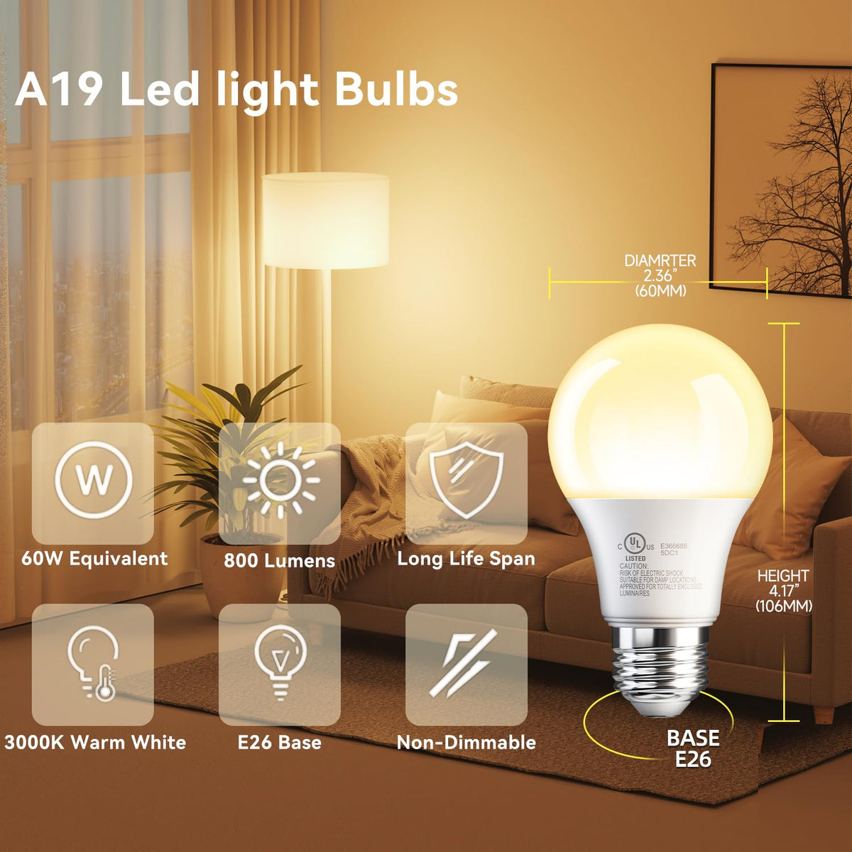 TJOY A19 LED bulbs with E26 base for quick installation.