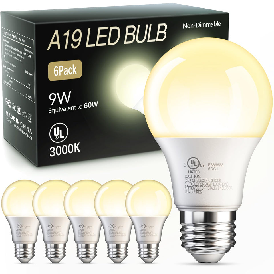 TJOY A19 LED bulbs front view highlighting modern design and energy efficiency.