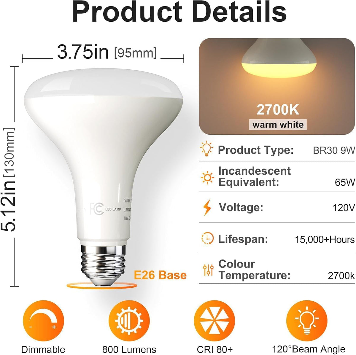TJOY BR30 LED bulb delivering 800 lumens as an energy efficient replacement.