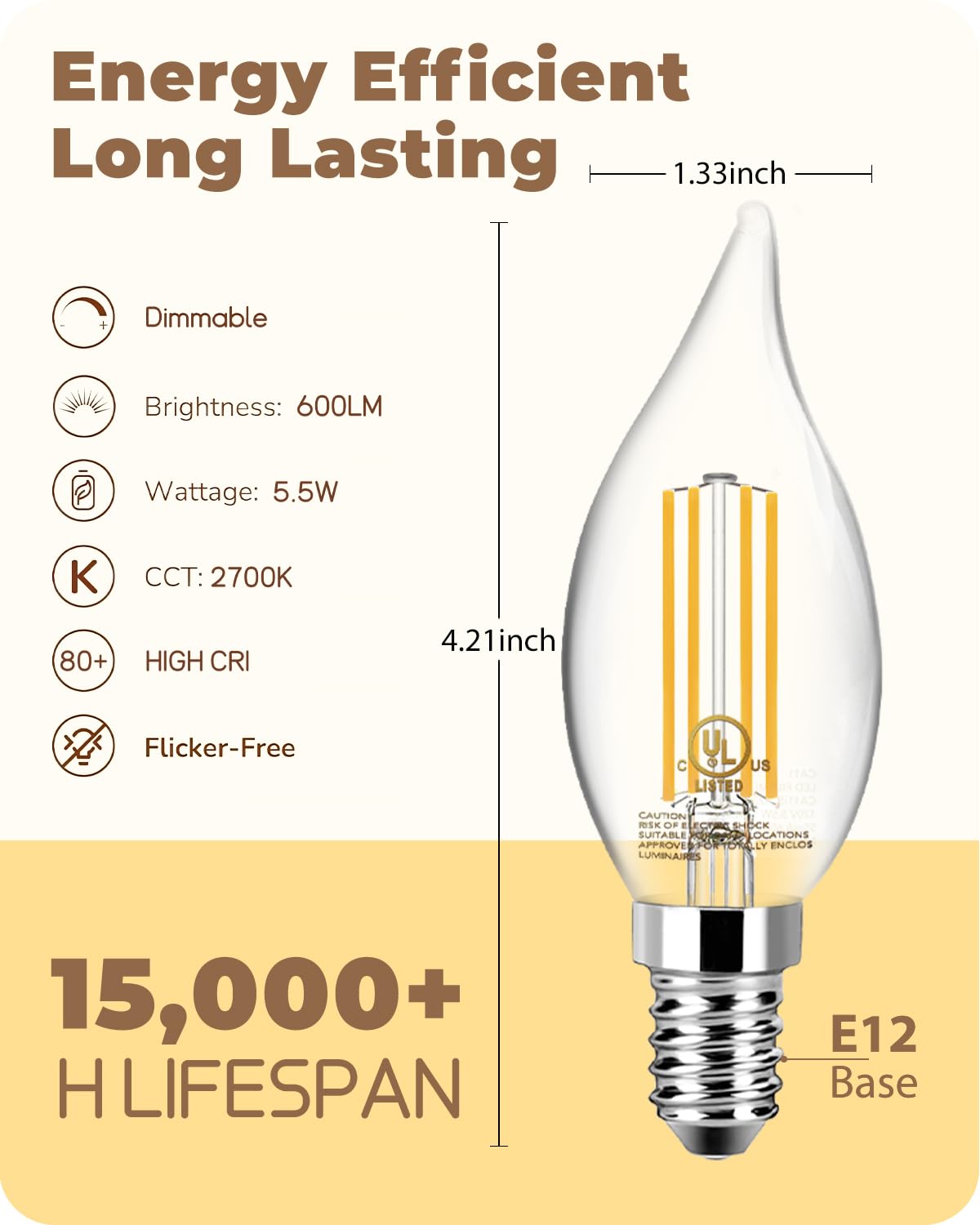 TJOY CA11 flame-tip LED bulb showcasing 2700K warm glow.