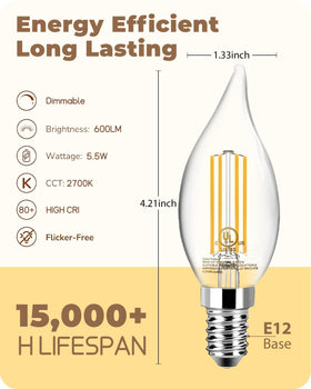 TJOY CA11 flame-tip LED bulb showcasing 2700K warm glow.