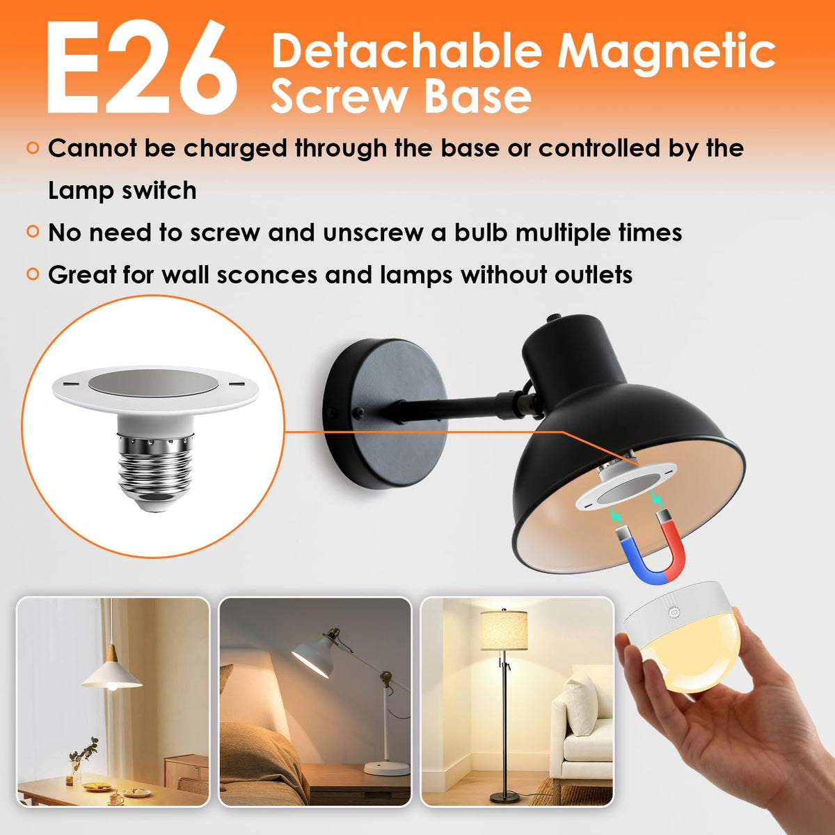 TJOY E26 magnetic detachable design enables wireless lighting in cabinets and shelves.
