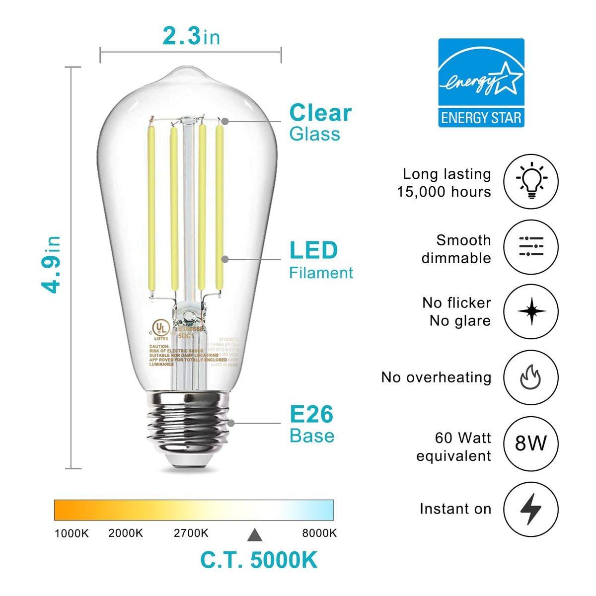 TJOY Edison bulb dimmable with 60W-equivalent brightness for adjustable lighting