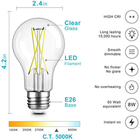 TJOY dimmable Edison bulb showing 800 lumens at 5000K for versatile mood lighting.